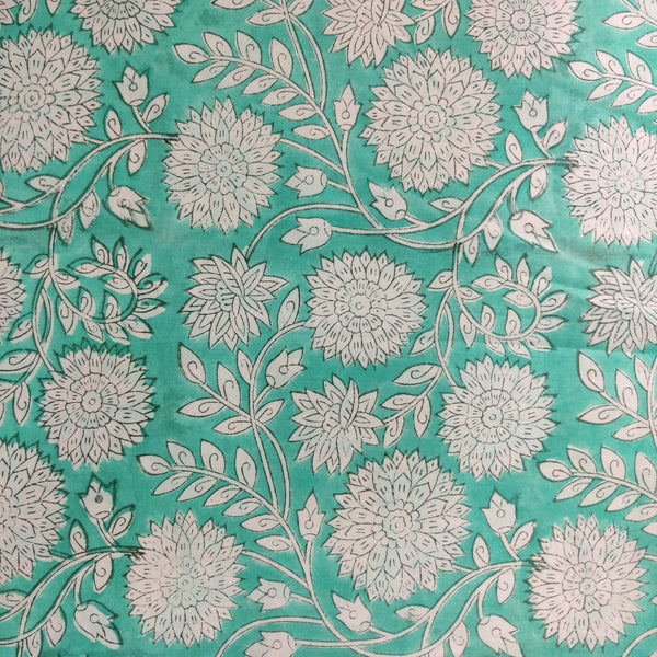 Pure Cotton Jaipuri Sea Green With Floral Jaal Hand Block Print Fabric (pre cut 1.85)