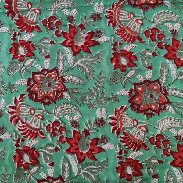 Precut 1.70 Meter Pure Cotton Jaipuri Sea Green With Maroon Orange Wild Flower Jaal Hand Block Print Fabric