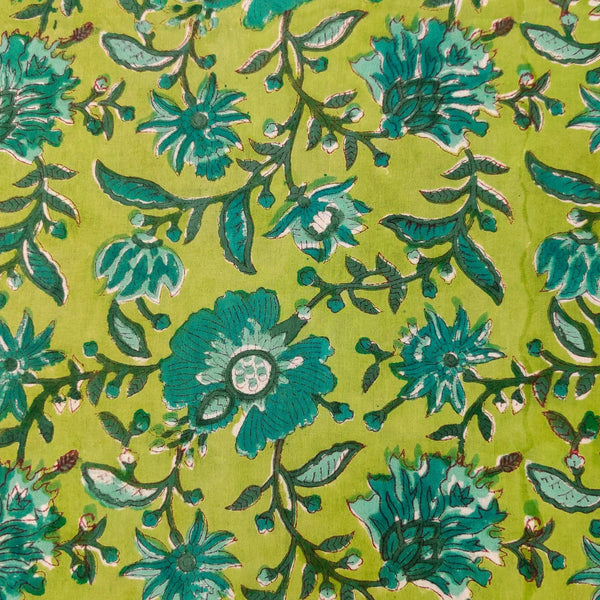 Pure Cotton Jaipuri Soft Green With Teal Wild Flower Jaal Hand Block Print Blouse Fabric ( 90 CM )