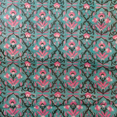 Pure Cotton Jaipuri Teal Blue With Jaali And Pink Plant Hand Block Print Blouse Fabric ( 90 cm )