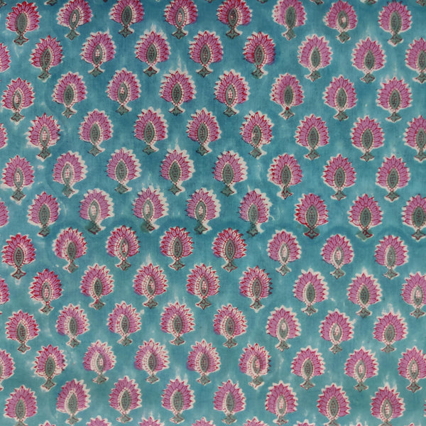 Pre-Cut (1.70 Meter) Pure Cotton Jaipuri Teal Blue With Purple Tiny Fowers Hand Block Print Fabric