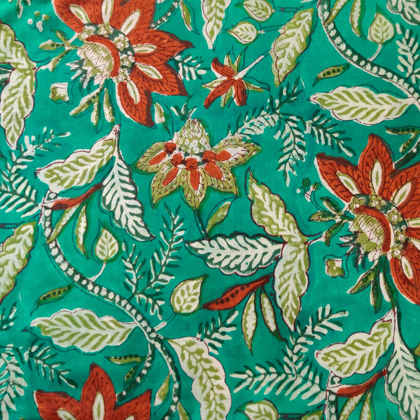 Pure Cotton Jaipuri Teal With Red Wild Flower Jaal Hand Block Print Blouse Fabric ( 90 CM )