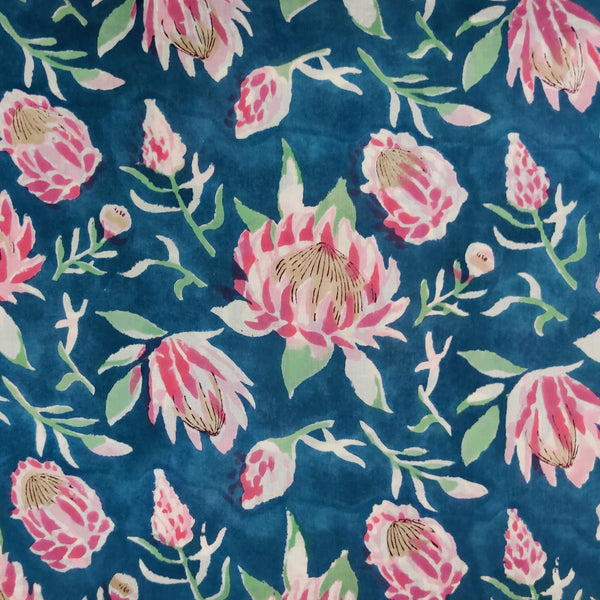 Pre-cut 1.80 meter Pure Cotton Jaipuri Teal With Shades Of Pink Big Flower Hand Block Print Fabric