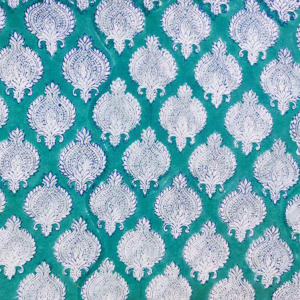 Precut 2.35 Meter Pure Cotton Jaipuri Teal With Tribal Motif Hand Block Print Fabric