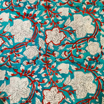 Pure Cotton Jaipuri Teal With White Red Stem Floral Jaal Hand Block Print Blouse Fabric ( 85 cm )