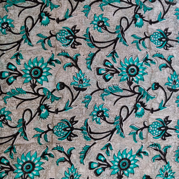 Pure Cotton Jaipuri Textured Grey With Teal Floral Jaal Hand Block Print Blouse Piece Fabric(80 cms)