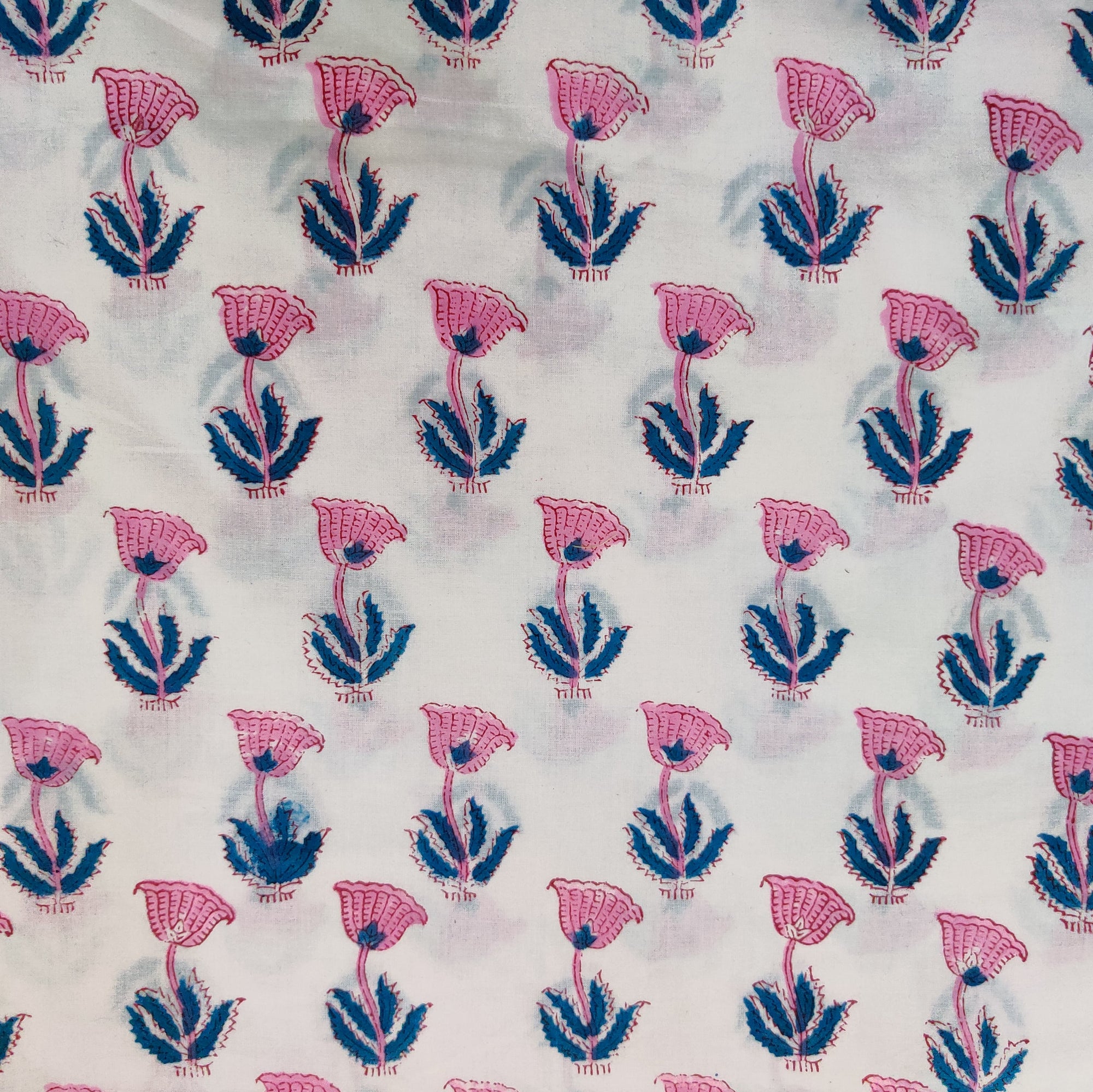 Pure Cotton Jaipuri White With Pink And Blue Flowers Hand Block Print -  Sanskruti
