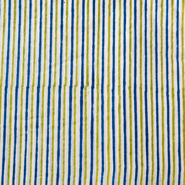 Pure Cotton Jaipuri White With Blue And Green Stripes Hand Block Print blouse Fabrics ( 80 cm )