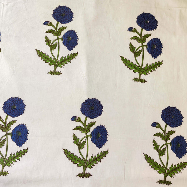 Pure Cotton Jaipuri White With Blue Genda Plant Mughal Hand Block Print blouse Fabric ( 1 meter )