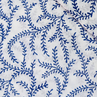 Pure Cotton Jaipuri White With Blue Leafy Jaal Hand Block Print Blouse Fabric ( 1 Meter )