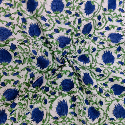 Pure Cotton Jaipuri White With Blue Lotus Jaal Hand Block Print Blouse Fabric ( 1 Meter )