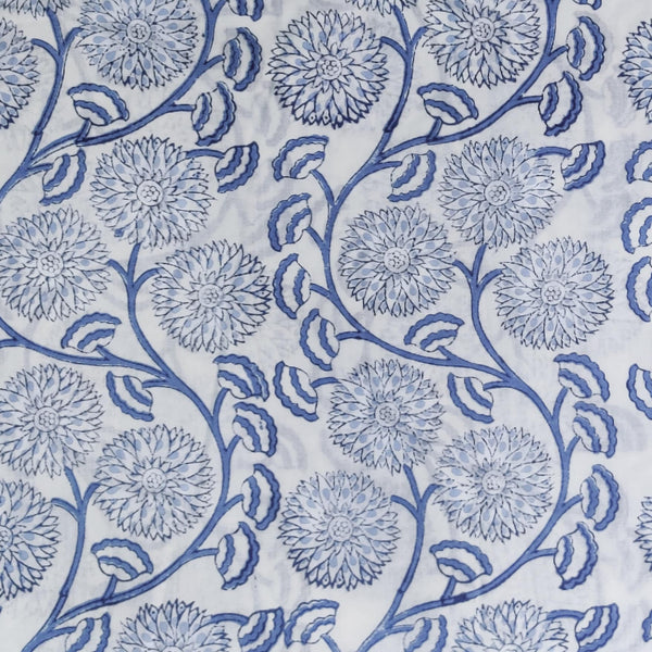 Pure Cotton Jaipuri White With Blue Marrigold Floral Jaal Hand Block Print Blouse  Fabric ( 0.95 CM )