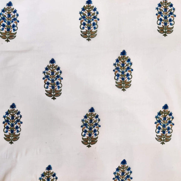 Pure Cotton Jaipuri White With Blue Mughal Plant Spaced Out Motif Hand Block Print Blouse Fabric ( 1 Meter )