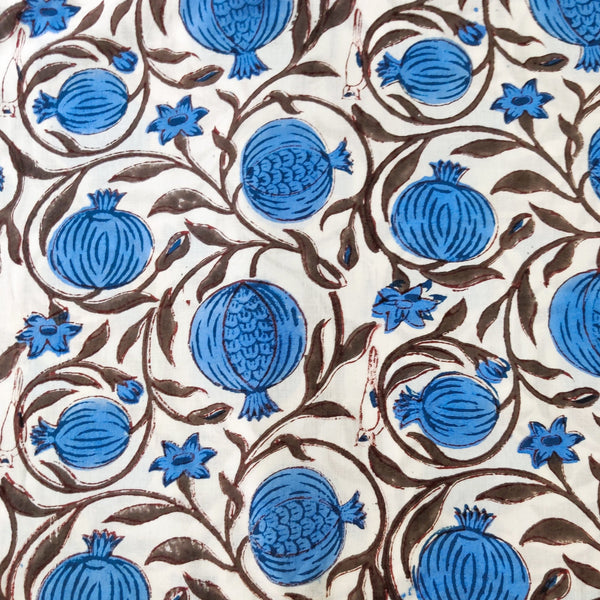 Pure Cotton Jaipuri White With Blue Pomogranate Jaal Hand Block Print Blouse piece Fabric(1 meter)