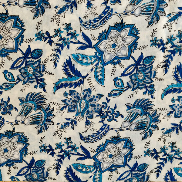 Pure Cotton Jaipuri White With Blue Wild Flower Jaal Hand Block Print Blouse Fabric ( 1 Meter )