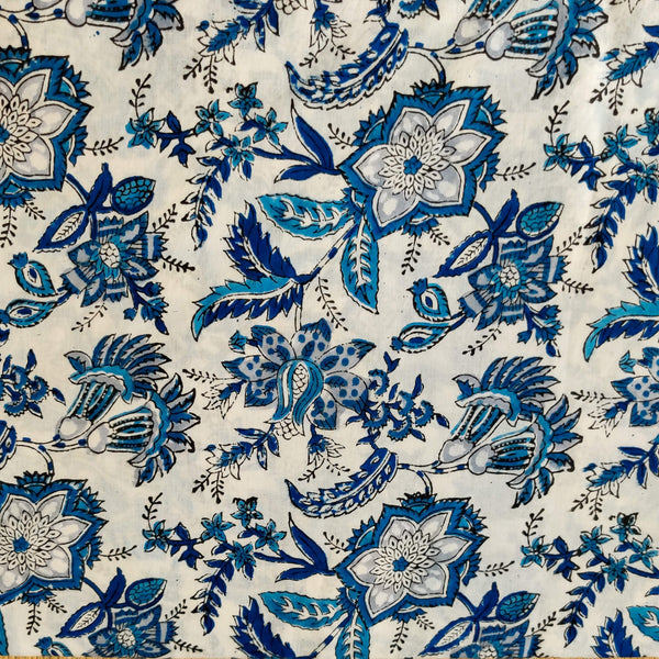 Pure Cotton Jaipuri White With Blue Wild Flower Jaal Hand Block Print Blouse Piece Fabric ( 1.80 Meter )