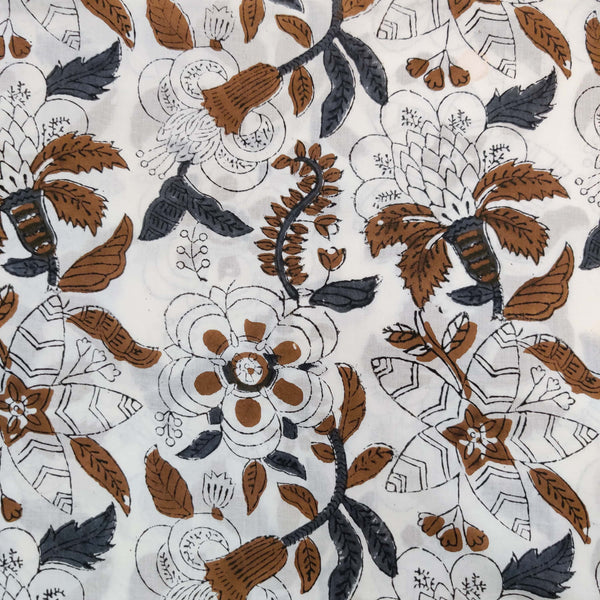 Per-Cut 1.60 Meter Pure Cotton Jaipuri White With Dark Grey And Brown Wild Big Floral Jaal Hand Block Print Fabric