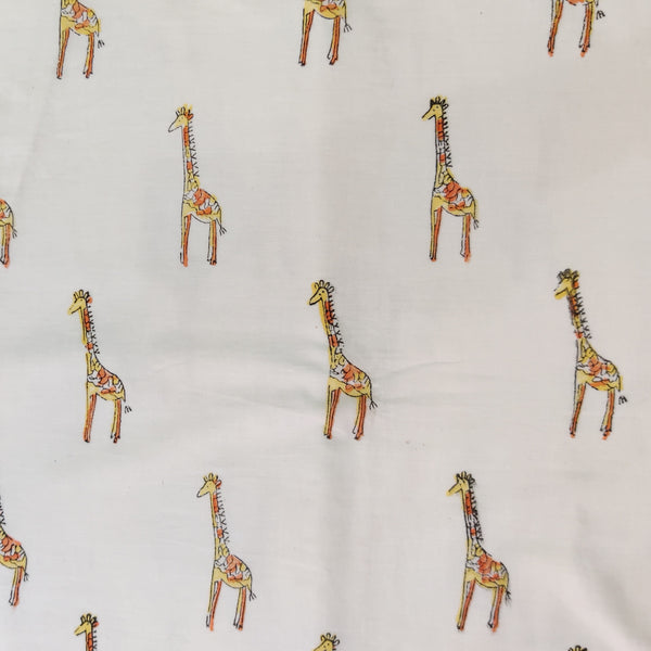 Pure Cotton Jaipuri White With Giraffe Hand Block Print blouse piece Fabric (1.45Meter)