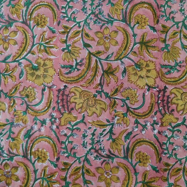 Pure Cotton Jaipuri Pink With Mustard Jaal Hand Block Print Blouse Piece Fabric(1meter)