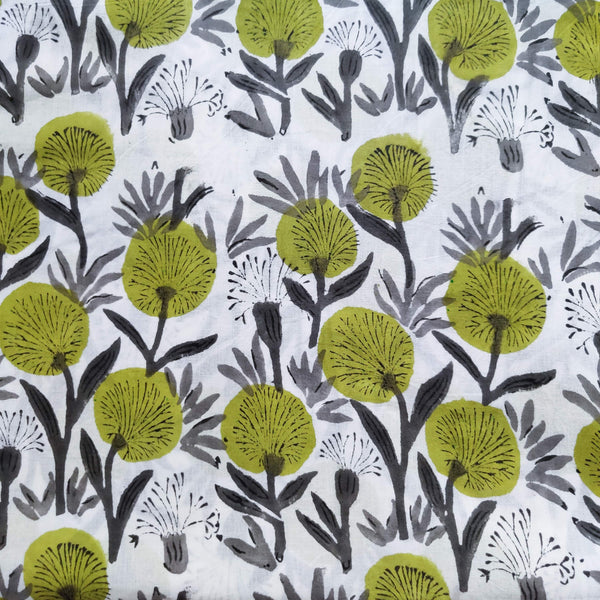 Precut 1.50 Meter Pure Cotton Jaipuri White With Green Grass Hand Bock Print Fabric