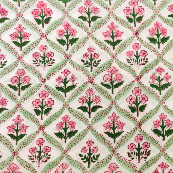 Pure Cotton Jaipuri White With Green Jaali And Pink Tiny Flowers In Between Hand Block Print Blouse Fabric ( 0.90 CM )