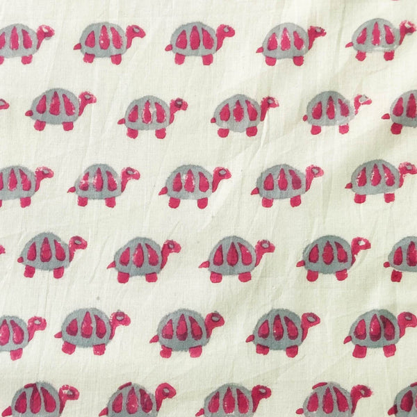 Pure Cotton Jaipuri White With Grey And Burgandy Turtle Hand Block Print  blouse Fabric ( 1 meter )