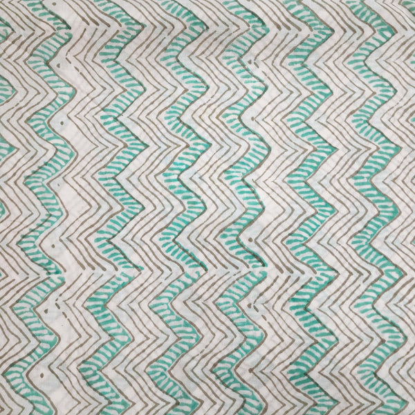 Blouse 1.25 Meter Pure Cotton Jaipuri White With Grey And Sea Green Zig Zag Hand Block Print Fabric