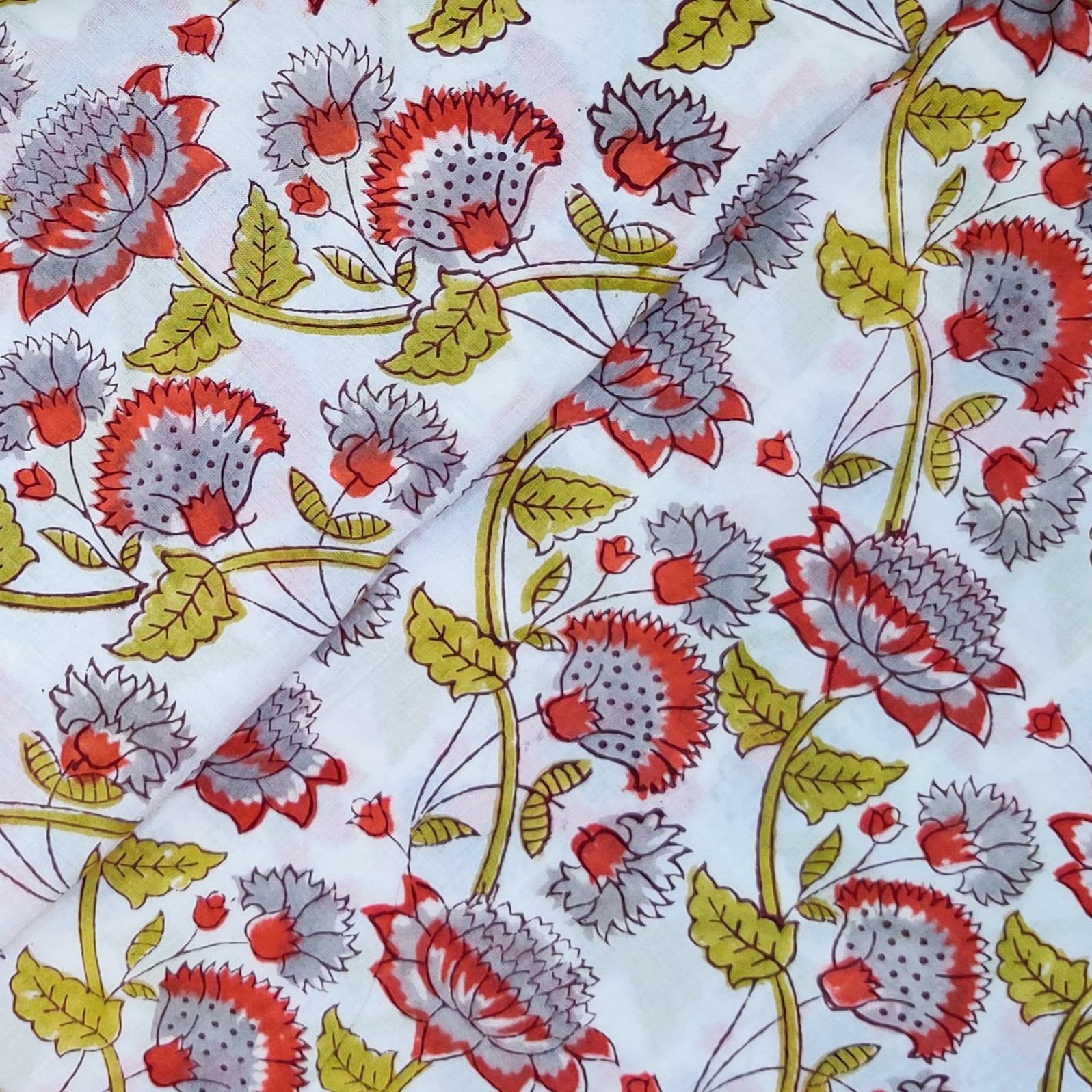 Pure Cotton Jaipuri White With Grey Red Floral Jaal Hand Block Print F -  Sanskruti