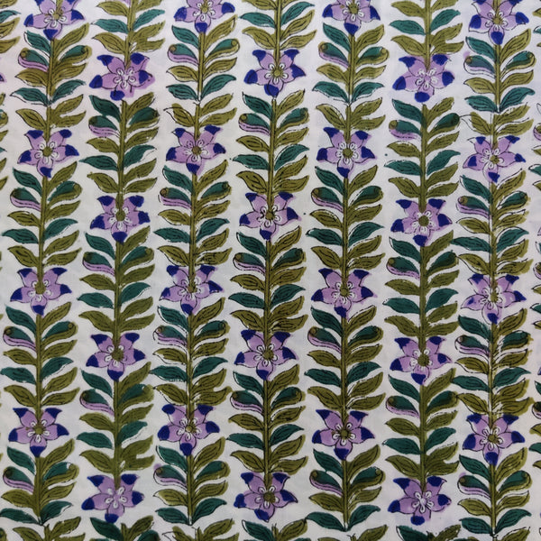 Precut 1.70 Meter Pure Cotton Jaipuri White With Lavender Blue Floral Stripes Hand Block Print Fabric