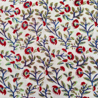 Pure Cotton Jaipuri White With Maroon Blue Orange Floral Jaal Hand Block Print Blouse Fabric ( 1 Meter )