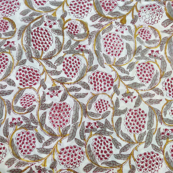 Pure Cotton Jaipuri White With Maroon Grey Wild Fruit Hand Block Print Blouse Fabric ( 85 CM )