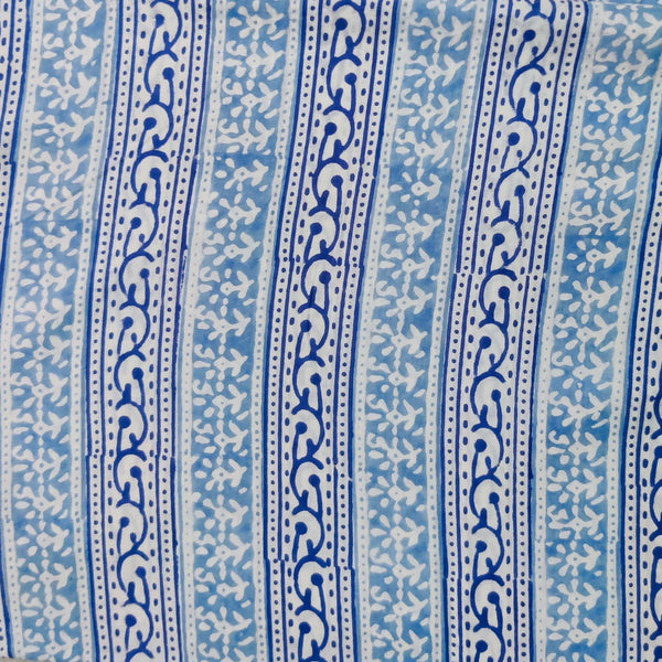 Pure Cotton Jaipuri White With Multi Border Dark Blue Light Blue Border Hand Block Print Blouse Fabric ( 85 cm )