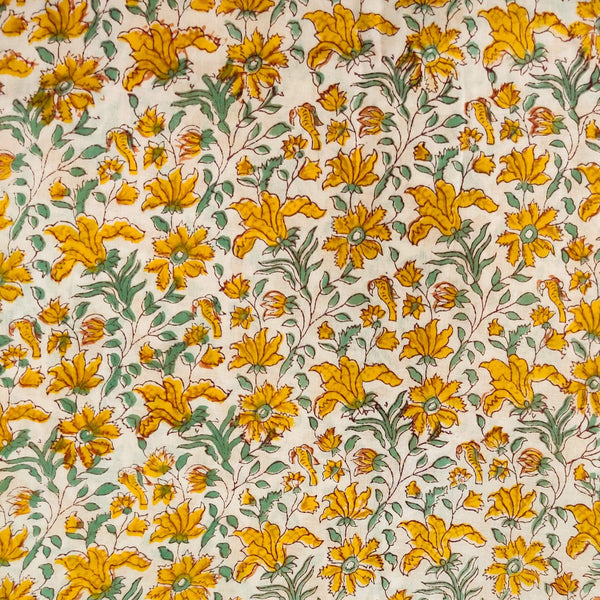 Pure Cotton Jaipuri White With Mustard And Grey Jaal Hand Block Print blouse  Fabric ( 85 cm )