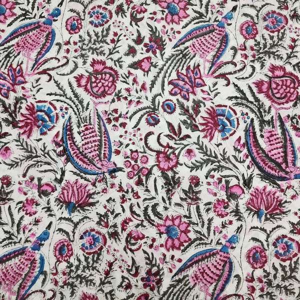 Precut 1.65 Meter Pure Cotton Jaipuri White With Pink And Blue Bird Of Paradise In the Sky Hand Block Print Fabric