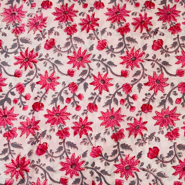 Pure Cotton Jaipuri White With Pink And Grey Flower Jaal Hand Block Print blouse Fabric ( 85 cm )