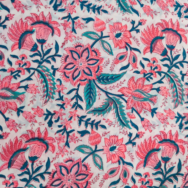 Pure Cotton Jaipuri White With Pink And Teal Wild Floral Jaal Hand Block Print Blouse Piece Fabric (1 Meter)