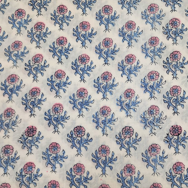 Blouse 1.20 Meter Pure Cotton Jaipuri White With Pink Blue Floral Motifs Hand Block Print Fabric