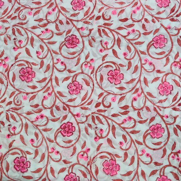 Pre-cut ( 1.70 meter)Pure Cotton Jaipuri White With Pink Brown Tiny Flower Jaal Hand Block Print Fabric