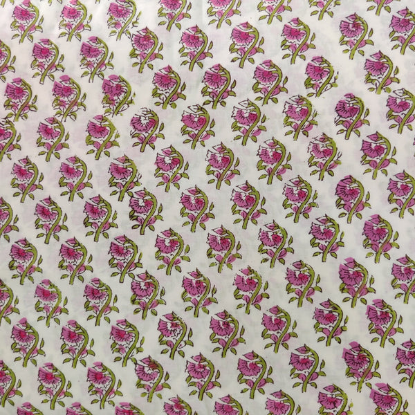 Pure Cotton Jaipuri White With Pink Green Flowers Hand Block Print Blouse Fabric ( 90 cm )