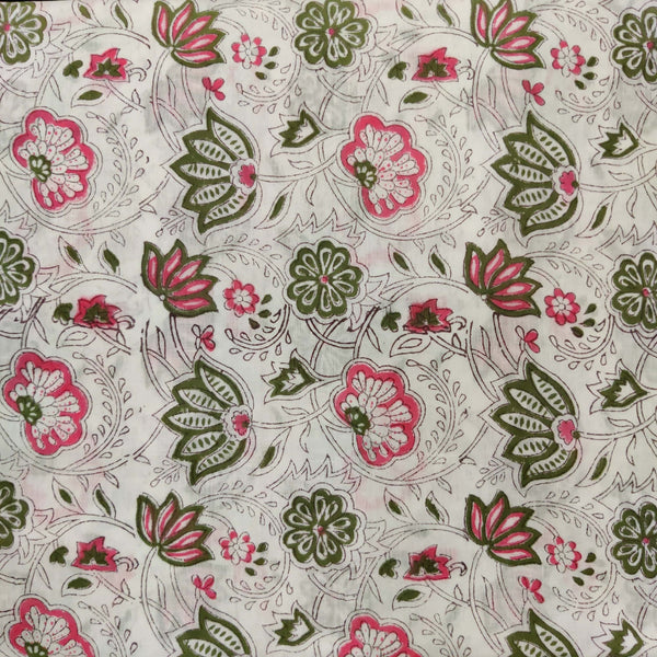 Pure Cotton Jaipuri White With Pink Green Wild Jaal Hand Block Print (Blouse Piece 90 cms) Fabric