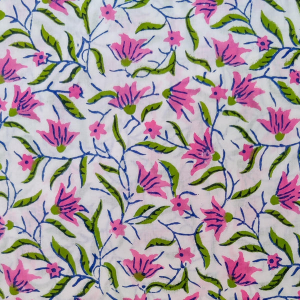 Pre-cut ( 1.70 Meter ) Pure Cotton Jaipuri White With Pink Lilies Hand Block Print Fabric