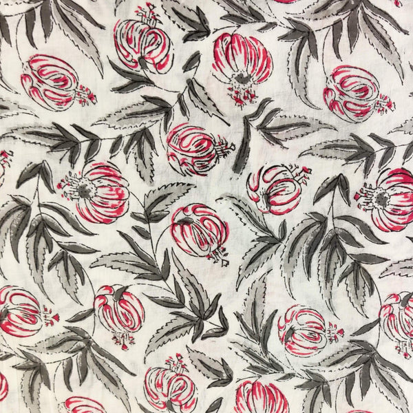 Pure Cotton Jaipuri White With Pink Opium Poppy Flower Jaal Hand Block Print blouse Fabric ( 1.10 meter )