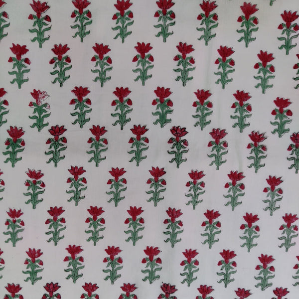 Pure Cotton Jaipuri White With Red And Green Flower Motif Hand Block Print Blouse Fabric ( 1.20 Meter )