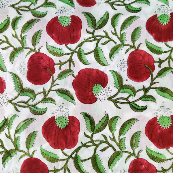 Pure Cotton Jaipuri White With Red Opium Poppy Flower Jaal Hand Block Print blouse Fabric