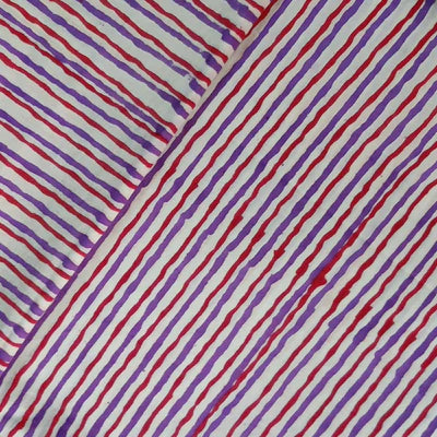 Pure Cotton Jaipuri White With Red Purple Stripes Hand Bock Print Blouse Fabric( 1 Meter )