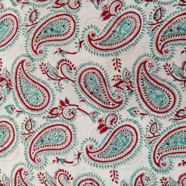 Pre-Cut 1.65 meter Pure Cotton Jaipuri White With Red Teal Kairi Jaal Hand Block Print Fabric