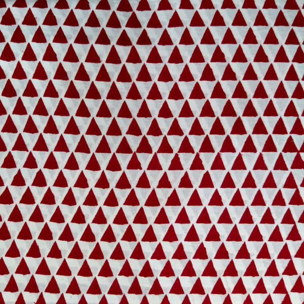 Precut 1.70 Meter Pure Cotton Jaipuri White With Red Triangles Hand Block Print Fabric