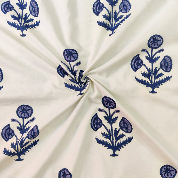 Pure Cotton Jaipuri White With Shades Of Blue Grey Violet Mughal Motif Hand Block print Blouse piece Fabric (1 Meter)