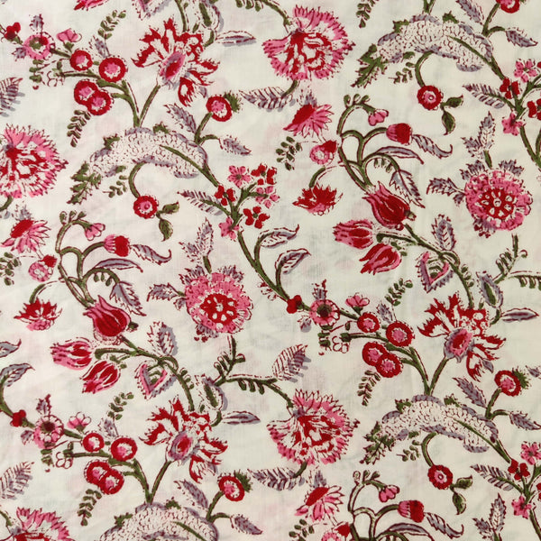 Pure Cotton Jaipuri White With Shades Of Pink Floral Jaal Hand Block Print Fabric Blouse piece 1.20 meter