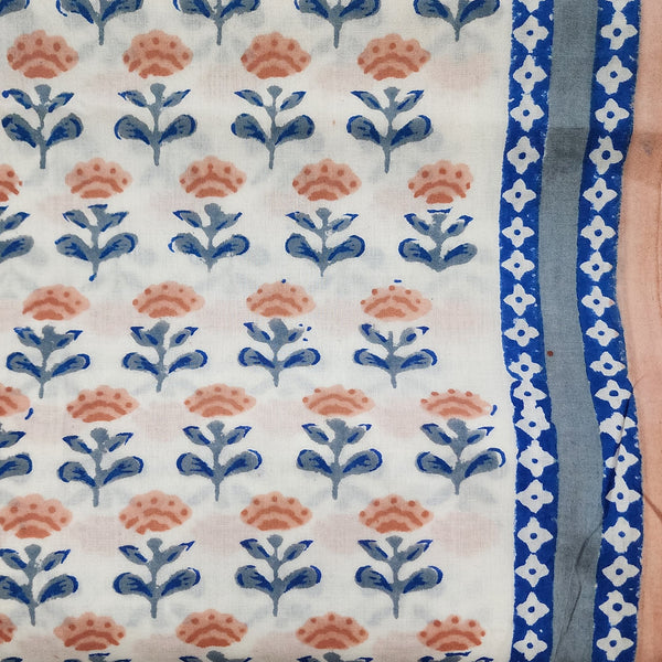 Precut 1.85 Meter Pure Cotton Jaipuri White With Simple Peach And Blue Flowers Hand Block Print Fabric